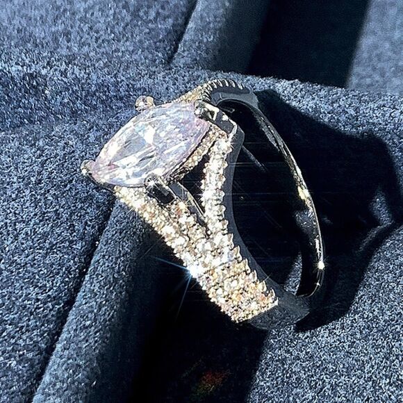 3Ct Marquise-Cut White Sapphire Halo Ring – Split Shank, 14K White Gold Plated - Picture 14 of 15